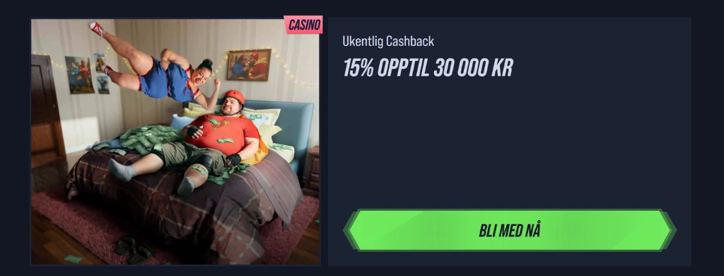 En mann og en kvinne som flyr over en seng med cashback-tilbud på en online casino-kampanje.