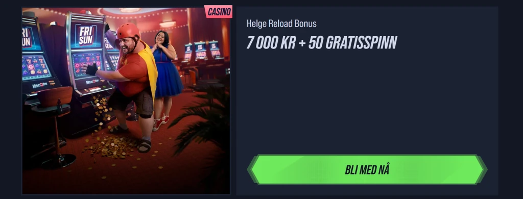 En mann i superheltkostyme og en kvinne i blå kjole som samler mynter ved en spilleautomat med helgereload-bonus på en online casino-kampanje.