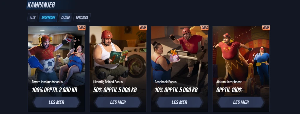 En mann og en kvinne i superheltdrakter, som deltar i forskjellige aktiviteter og bonuskampanjer relatert til sport og oddstjenester.