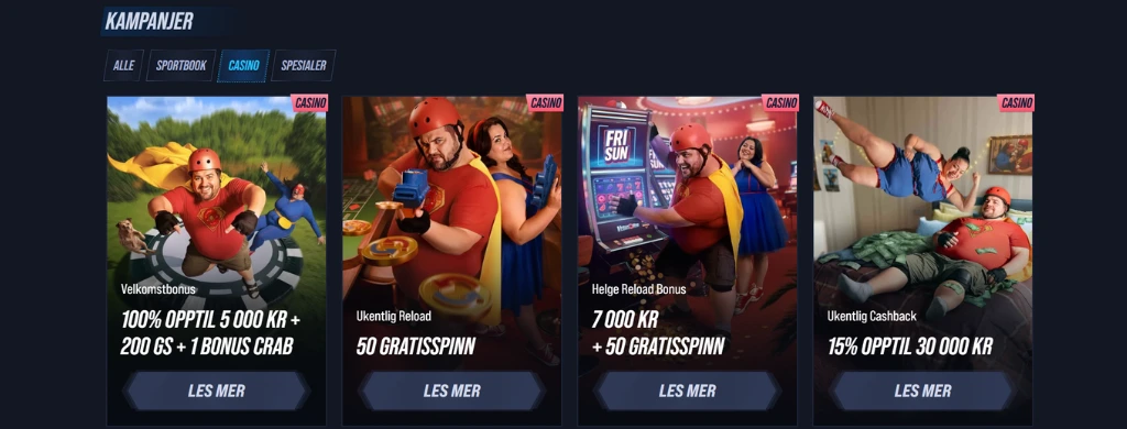 VegasHero bonuser som tilbyr 100% opptil 5000 kr og 200 gratisspinn, en reload bonus og cashback opptil 30 000 kr