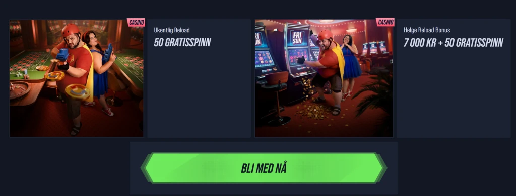 VegasHero reload bonus med 50 gratisspinn og helge reload bonus med 7000 kr + 50 gratisspinn.