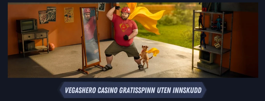 En person kledd som en superhelt med kappe og en hund som løper i et rom, med et speil som viser refleksjonen deres, og promoterer VegasHero casino gratisspinn uten innskudd.