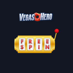 Vegas Hero-logoen med en spilleautomat som viser ordet 'FREE SPIN' på hjulene.