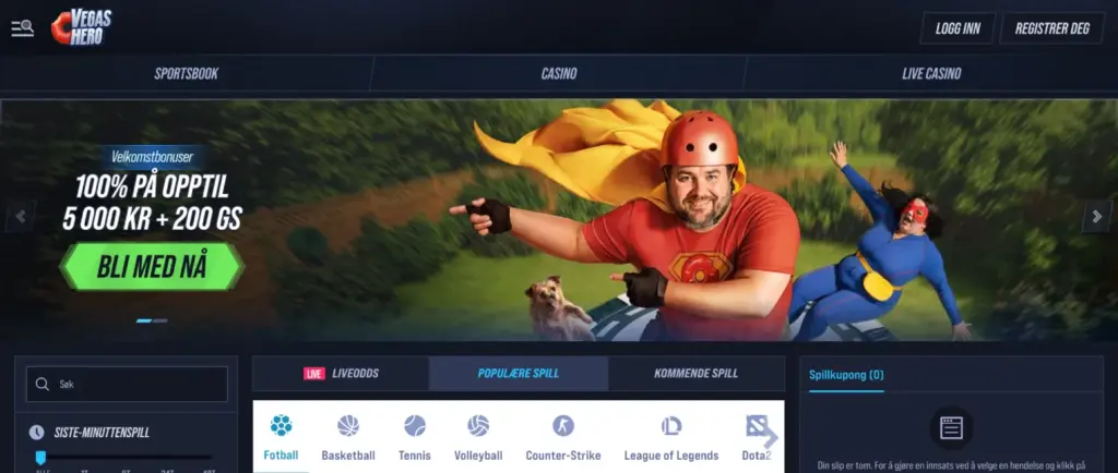 VegasHero Casino norsk velkomstbonusbanneren med 100% opptil 5000 NOK og 200 gratisspinn.