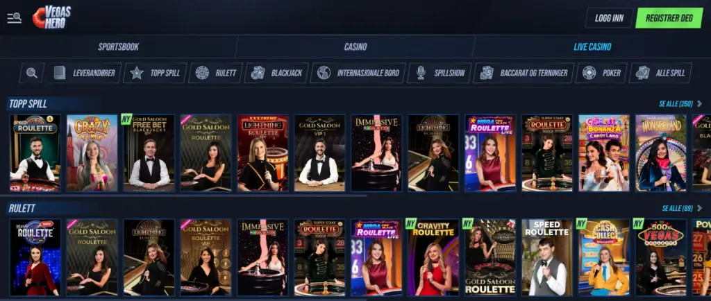 VegasHero topp spillkategorier med populære live roulette spill som Speed Roulette, Crazy Time, Lightning Roulette og Immersive Roulette.
