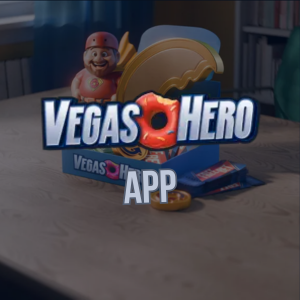 VegasHero-appen vises ved siden av en figur av en superhelt og en pakke med godteri på et bord.