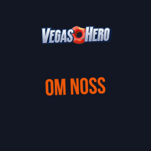 VegasHero-logoen med teksten 'Om oss' i rød skrift på en mørk bakgrunn.