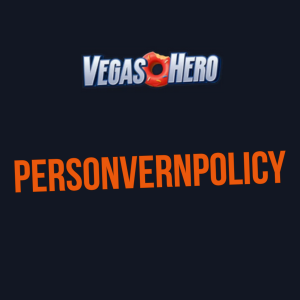 VegasHero-logoen med teksten 'Personvernpolicy' i rød skrift på en mørk bakgrunn.