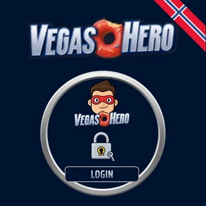 VegasHero spilleautomat-side med superheltemascoten og et spilleautomat-ikon, med det norske flagget i hjørnet.