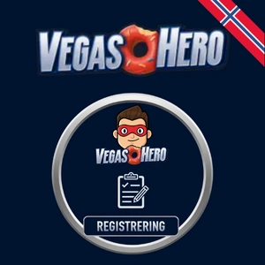 VegasHero registreringsside med superheltemascoten og et registreringsskjema med det norske flagget i hjørnet.