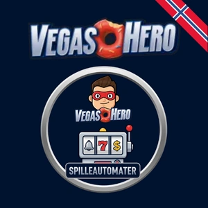 VegasHero spilleautomat-side med superheltemascoten og et spilleautomat-ikon, med det norske flagget i hjørnet."
